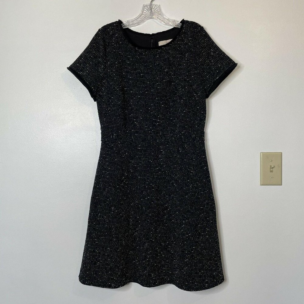 Loft Black White Tweed Knit Fringe Trim Dress